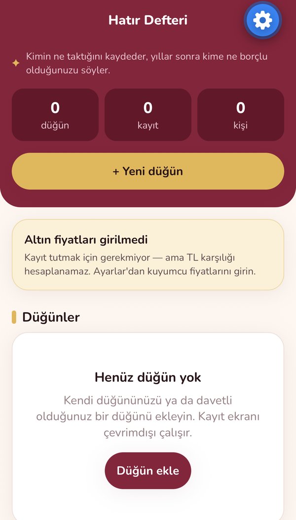 Home screen of the Hatır Defteri app with counters for weddings, records and people
